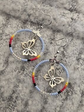 Handmade Light Purple Beaded Butterfly Hoop Earrings